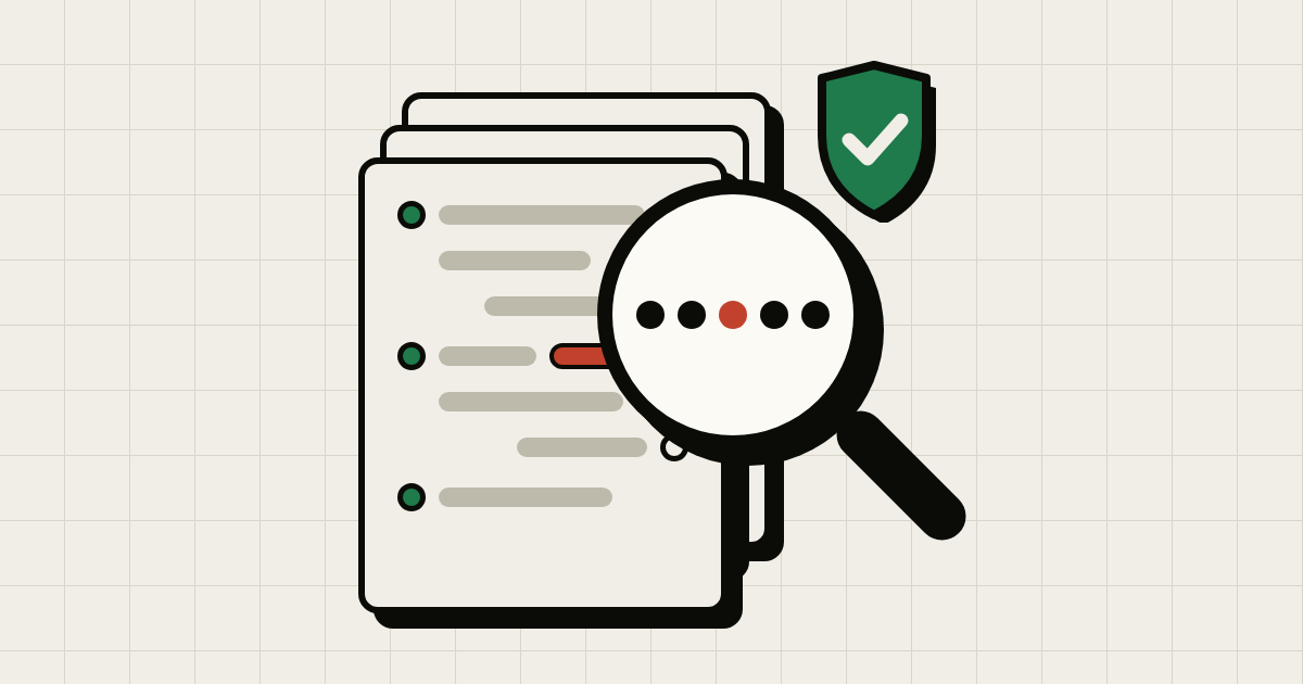 A chat transcript with one line highlighted in red, a magnifying glass showing it masked, and a green shield with a check mark