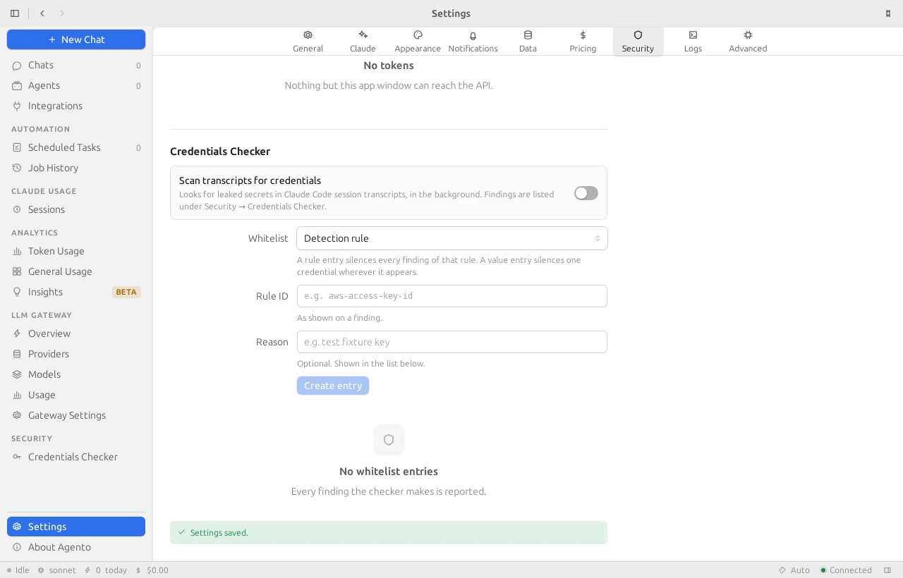 Settings, Security tab, with the Credentials Checker switched off