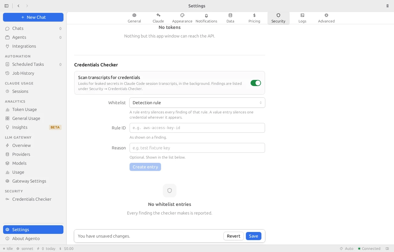 The Credentials Checker switched on, with unsaved changes