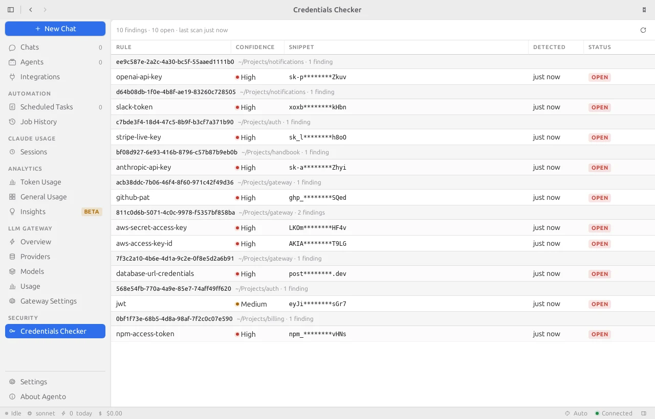 The Credentials Checker page listing ten findings grouped by session, each key masked