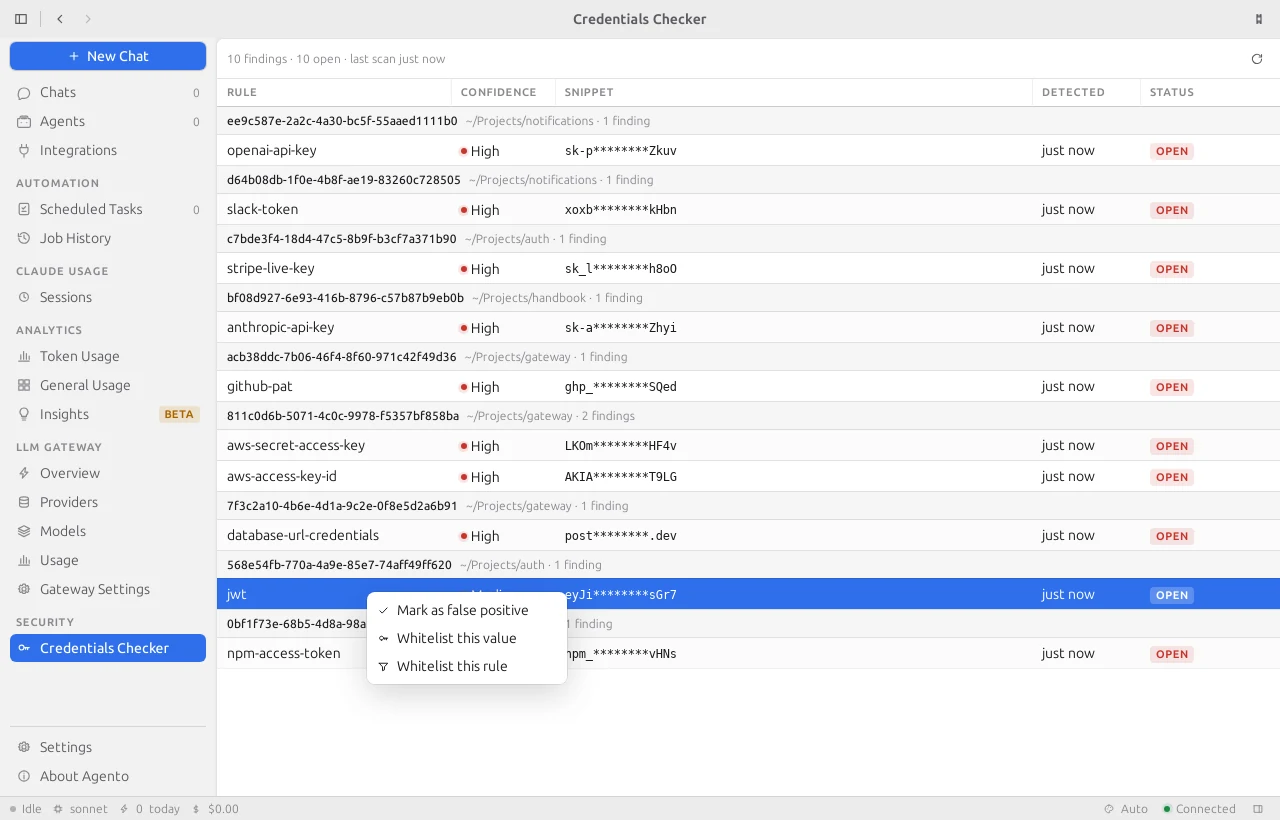 The right-click menu on a finding: mark as false positive, whitelist this value, whitelist this rule