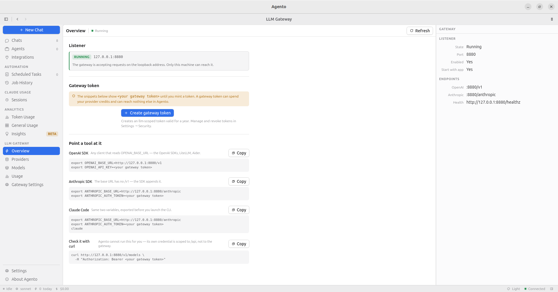 LLM Gateway Overview: the listener running on 127.0.0.1, the Create gateway token button, and copyable env snippets for the OpenAI SDK, the Anthropic SDK, Claude Code and curl