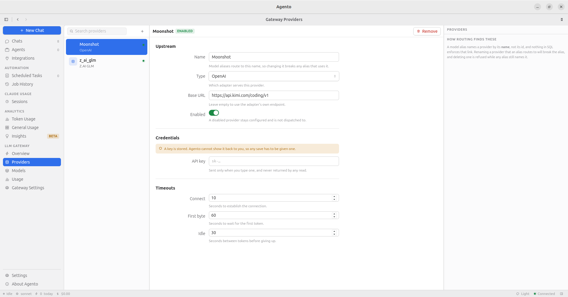 LLM Gateway Providers: a Moonshot provider on the OpenAI adapter with its base URL, an empty API key field and connect, first-byte and idle timeouts