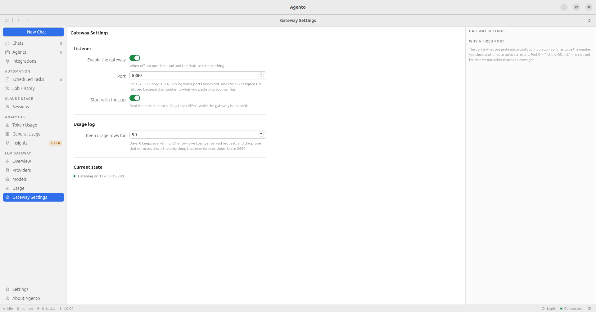 Gateway Settings: enable the gateway, port 8880, start with the app, and a 90-day usage-log retention horizon